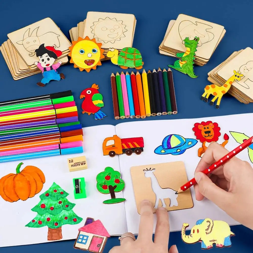 Montessori Wooden Drawing Stencils — 20-Piece Art Template Set for Kids