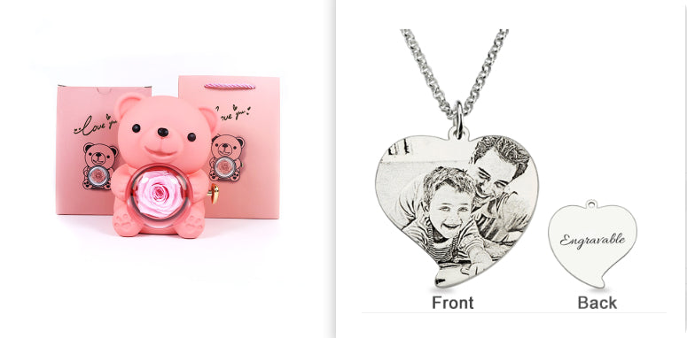 Rotating Bear Gift Box Eternal Rose Teddy Bear Jewelry Box With Necklace Valentine Wedding Special Present For Girlfriend Anniversary Gift Jewelry Box