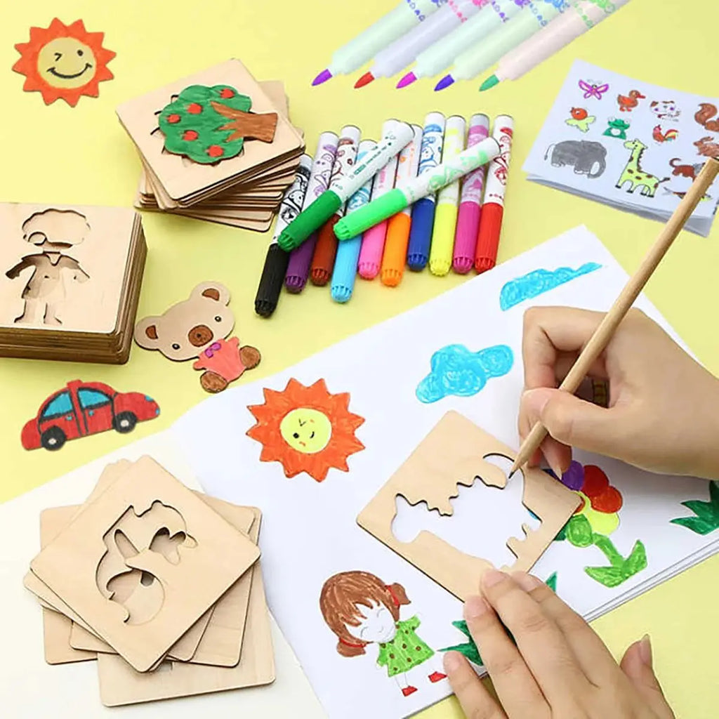Montessori Wooden Drawing Stencils — 20-Piece Art Template Set for Kids