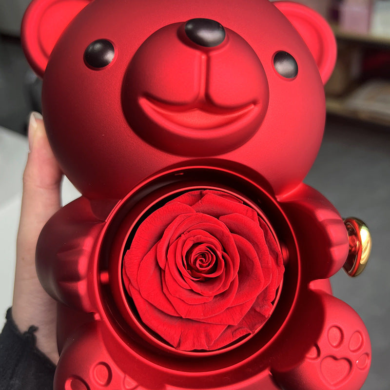 Rotating Bear Gift Box Eternal Rose Teddy Bear Jewelry Box With Necklace Valentine Wedding Special Present For Girlfriend Anniversary Gift Jewelry Box