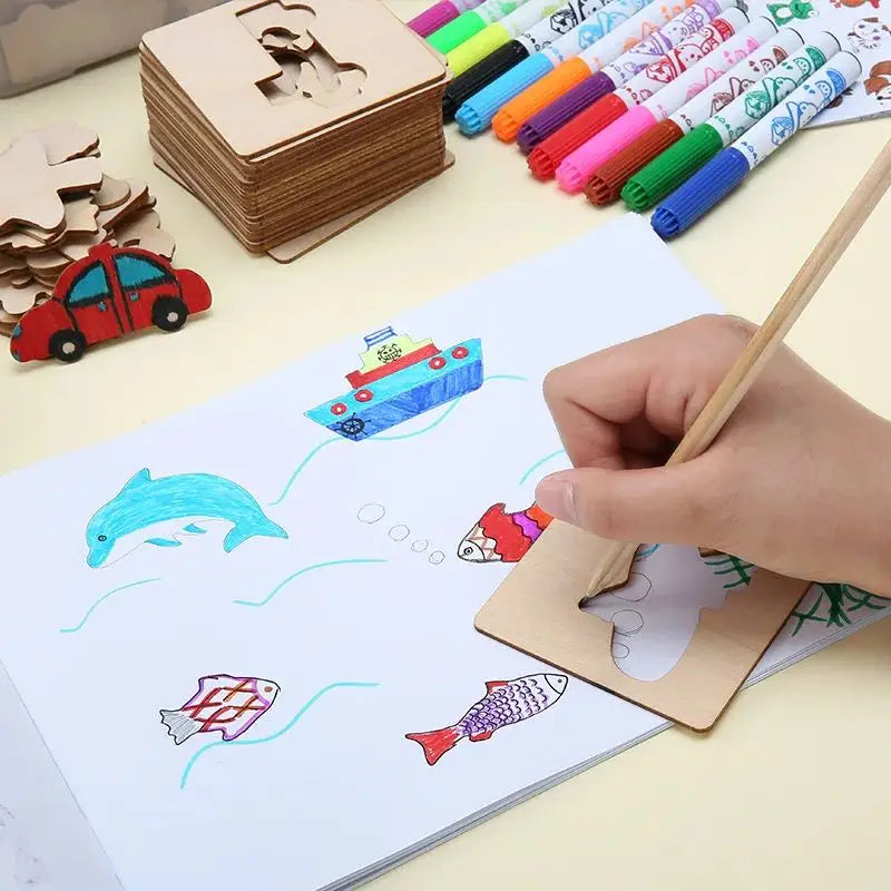 Montessori Wooden Drawing Stencils — 20-Piece Art Template Set for Kids