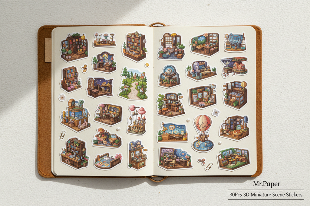 Mr.Paper 30Pcs 3D Miniature Scene Stickers arranged on an open journal scrapbook page